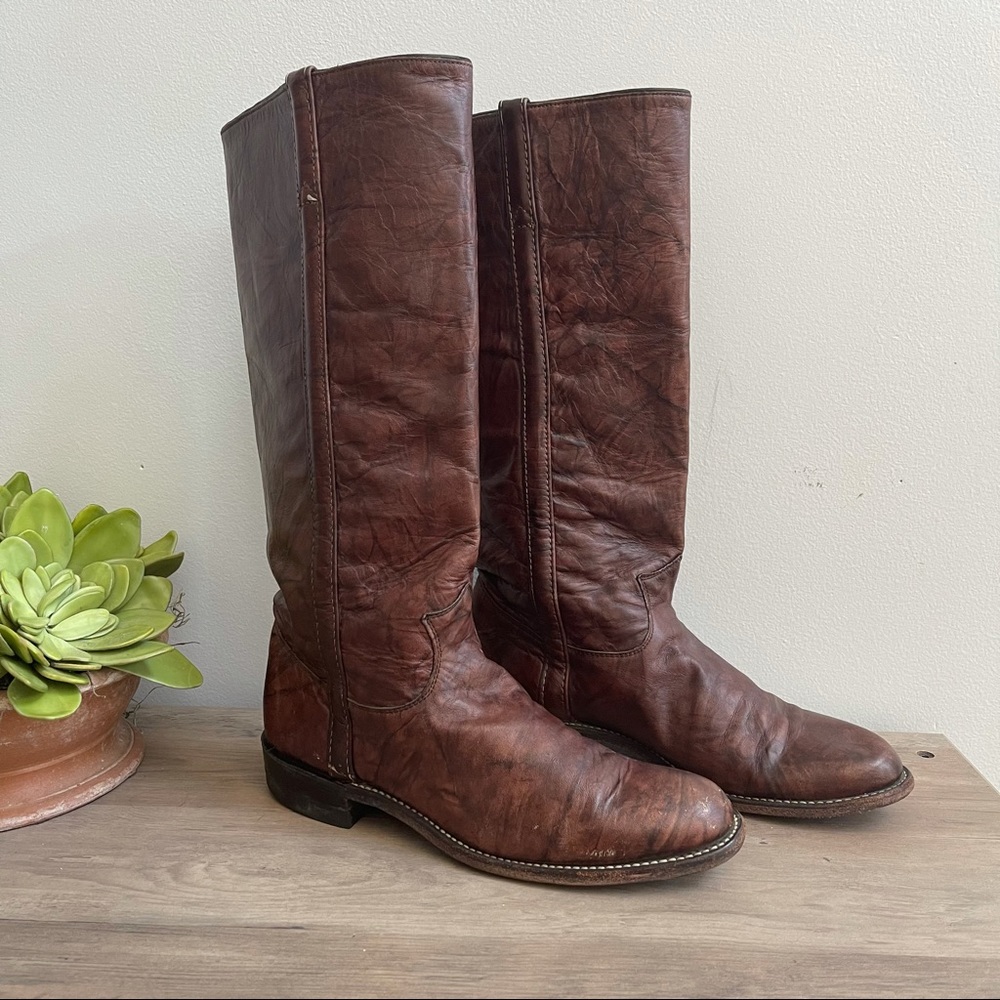Justin Brown Leather Vintage Western Riding Boots - Picture 1 of 12